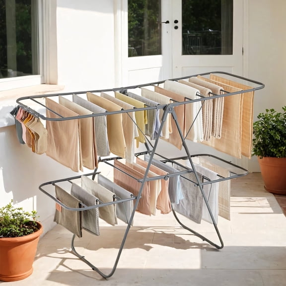 LEDREM 2-Tier Clothes Drying Rack, Foldable with 4 Adjustable Wings, 33 Rails, 27 Sock Clips, Free-Standing for Indoor/Outdoor Use, Gray