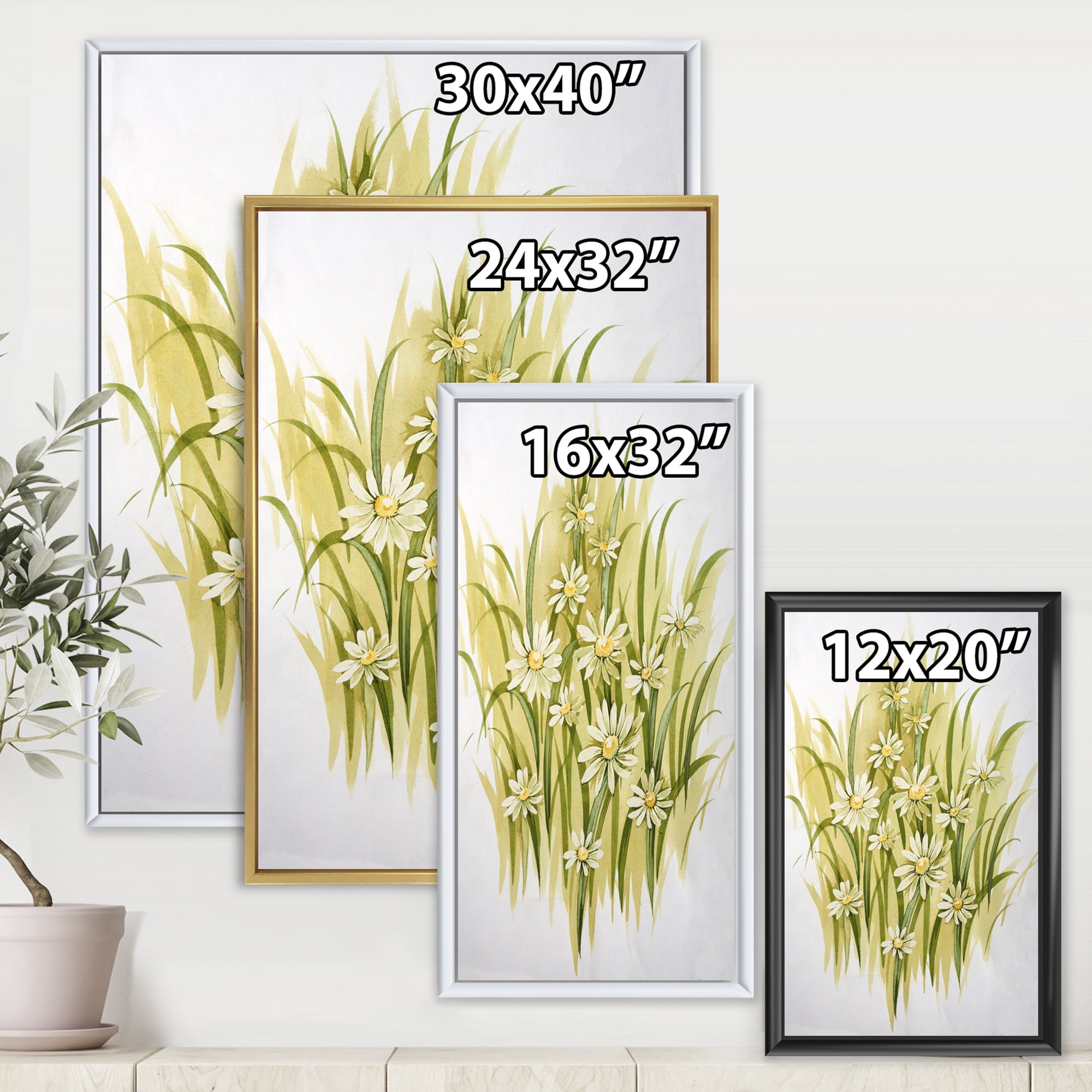 Designart 'Abstract White Meadow Flowers' Traditional Framed Canvas Wall Art Print