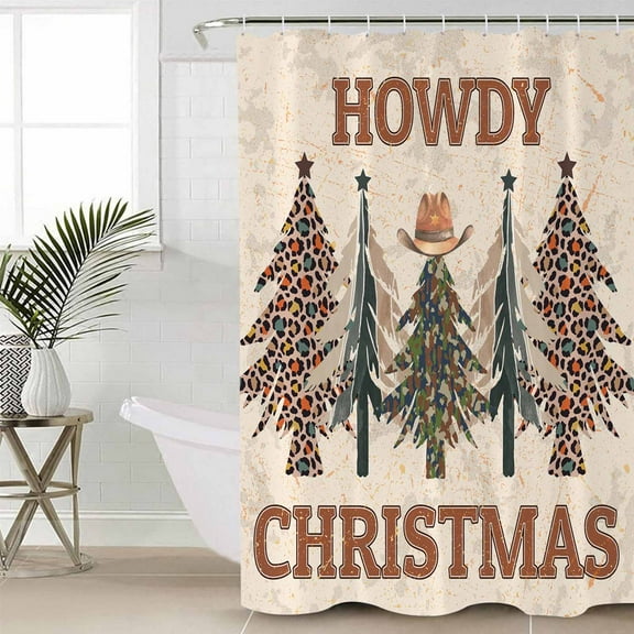 Brown Christmas Waterproof Fabric Shower Curtain, Cowboy Leopard Xmas Tree Vintage Shower Curtain for Bathroom Curtains Bathtubs Hotel Washable Shower Curtains with 12 Hooks Long 72x78in