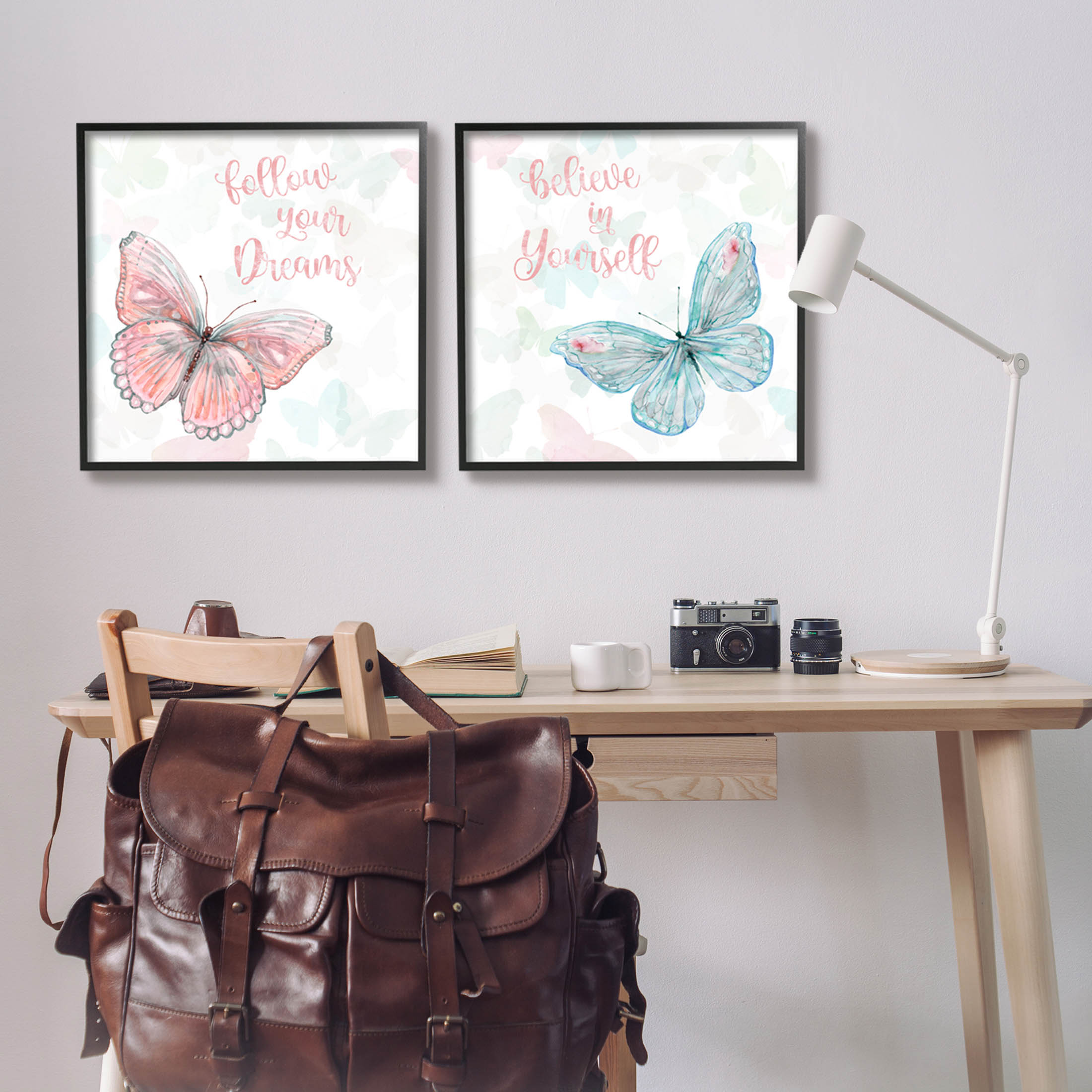 Believe In Dreams Butterflies Animals & Insects Graphic Art Black Framed Art Print Wall Art, Set of 2