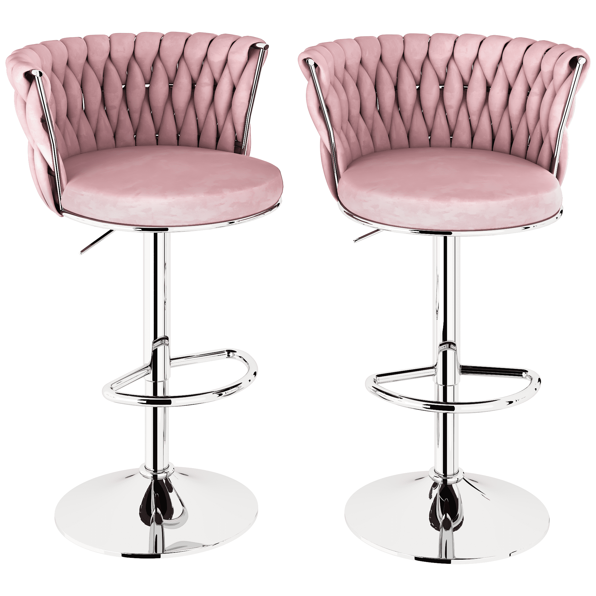 Mieres Velvet Bar Stools Set of 2, Adjustable Height Swivel Pub Chairs with Woven Back, Counter Height Dining Chairs with Footrest, 360° Rotating Kitchen Island Stools for Home & Bar, Pink