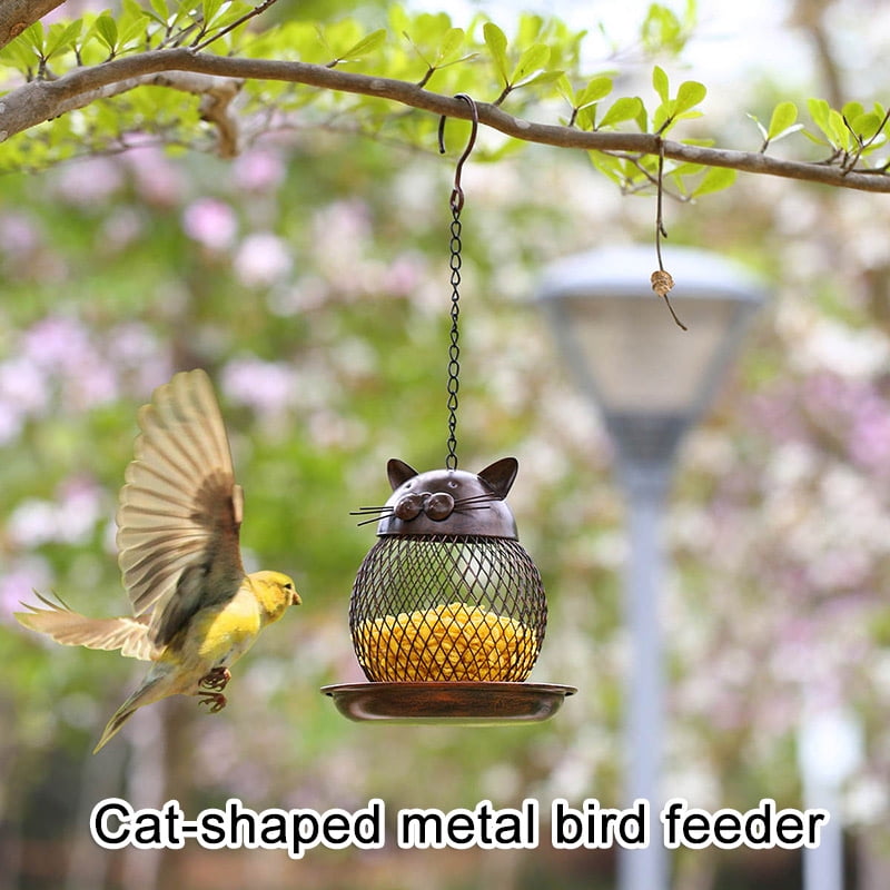 Metal umbrella & cat bird feeder Rustic green Hanging garden display Wild birds 