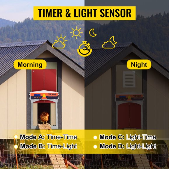 VEVOR Puerta automática para gallinero, apertura/cierre automático, elevador de engranajes, puerta galvanizada para aves de corral con temporizador de apertura retardada por la noche y por la