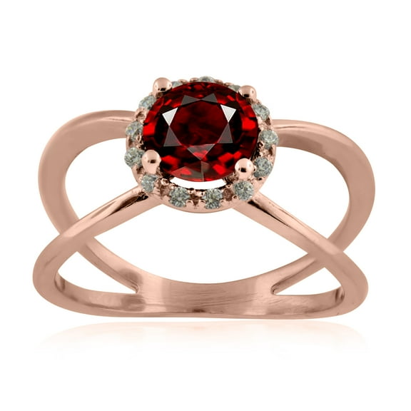 0.85 Carat 6MM Round Garnet And Diamond Ring In 10K Solid Rose, White & Yellow Gold