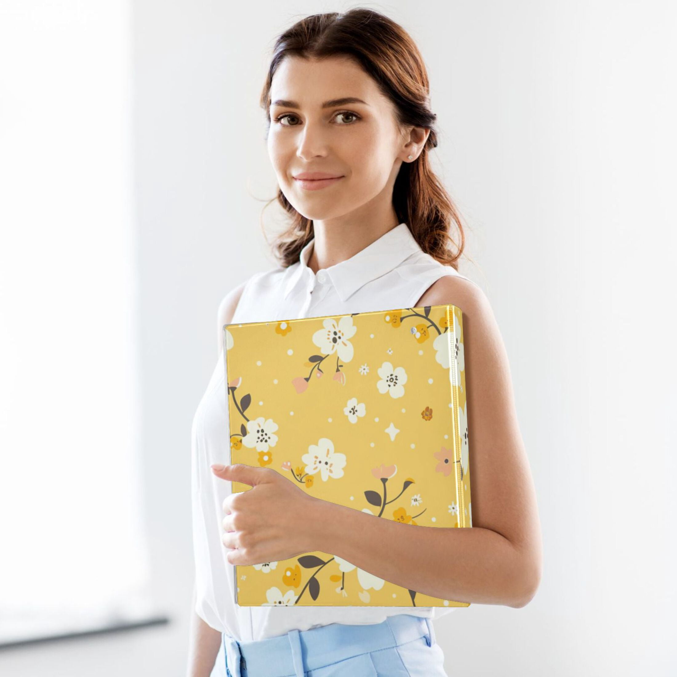 Yellow Floral 3 Ring Binders 1.5 inch Hardcover File Folders with Interior Pockets A4 Size Organizer for School Office Hospital