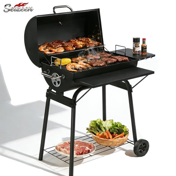 Seizeen Charcoal Grill with Thermometer & Large Cooking Space, Smoker Grill, BBQ Grills for Camping & Picnic, Iron, black