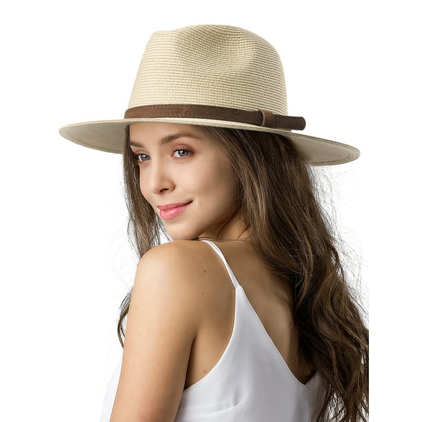 Panama Hat Sun Hats for Women Men Wide Brim Fedora Straw Beach Hat UV UPF 50 Beige Khaki M