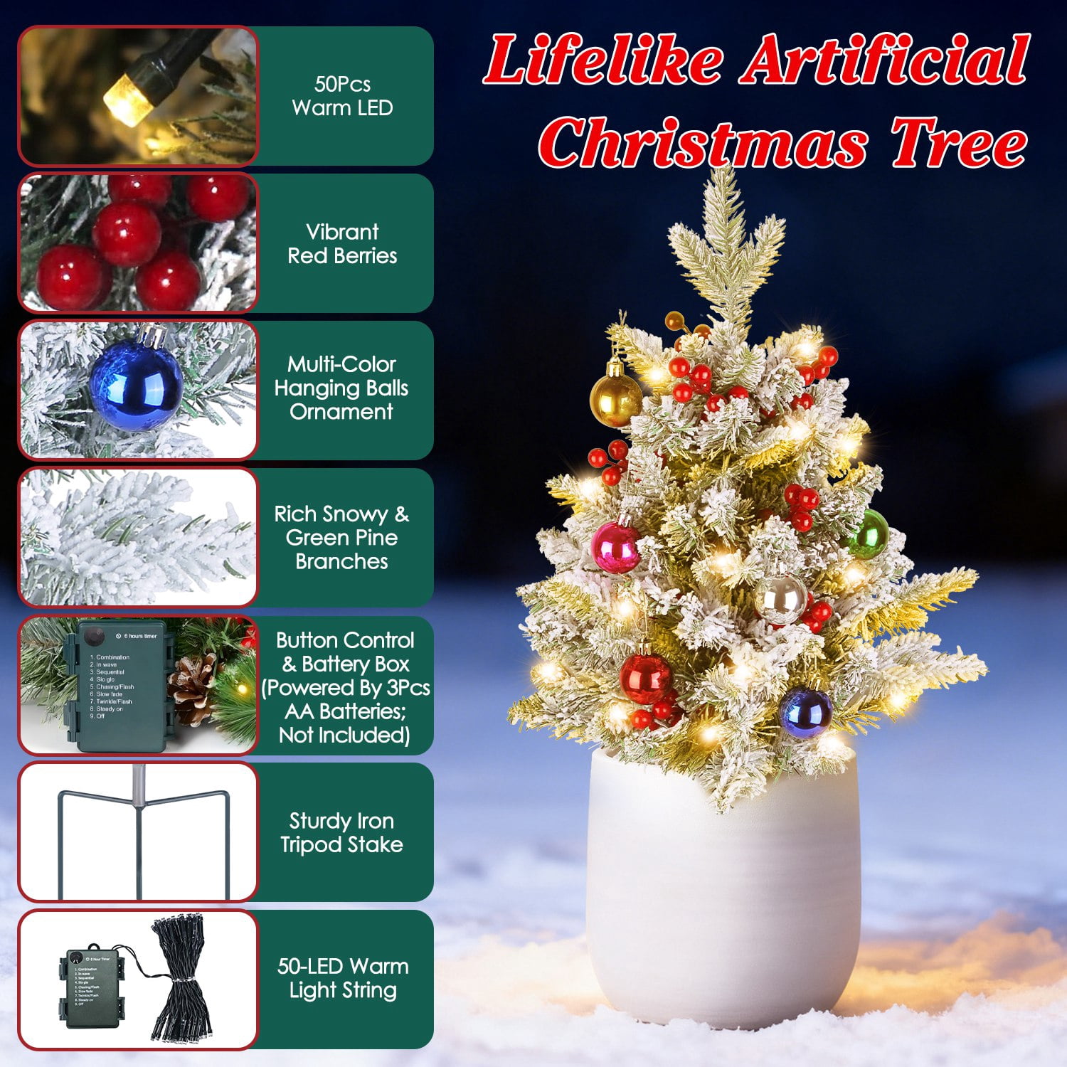 50 LED Lifelike Artificial Christmas Tree - 8 Lighting Modes, Auto 6H/18H Timer & IP44 Waterproof, Battery Operated Mini Tree with Red Berries for Holiday Home Porch Garden Decor