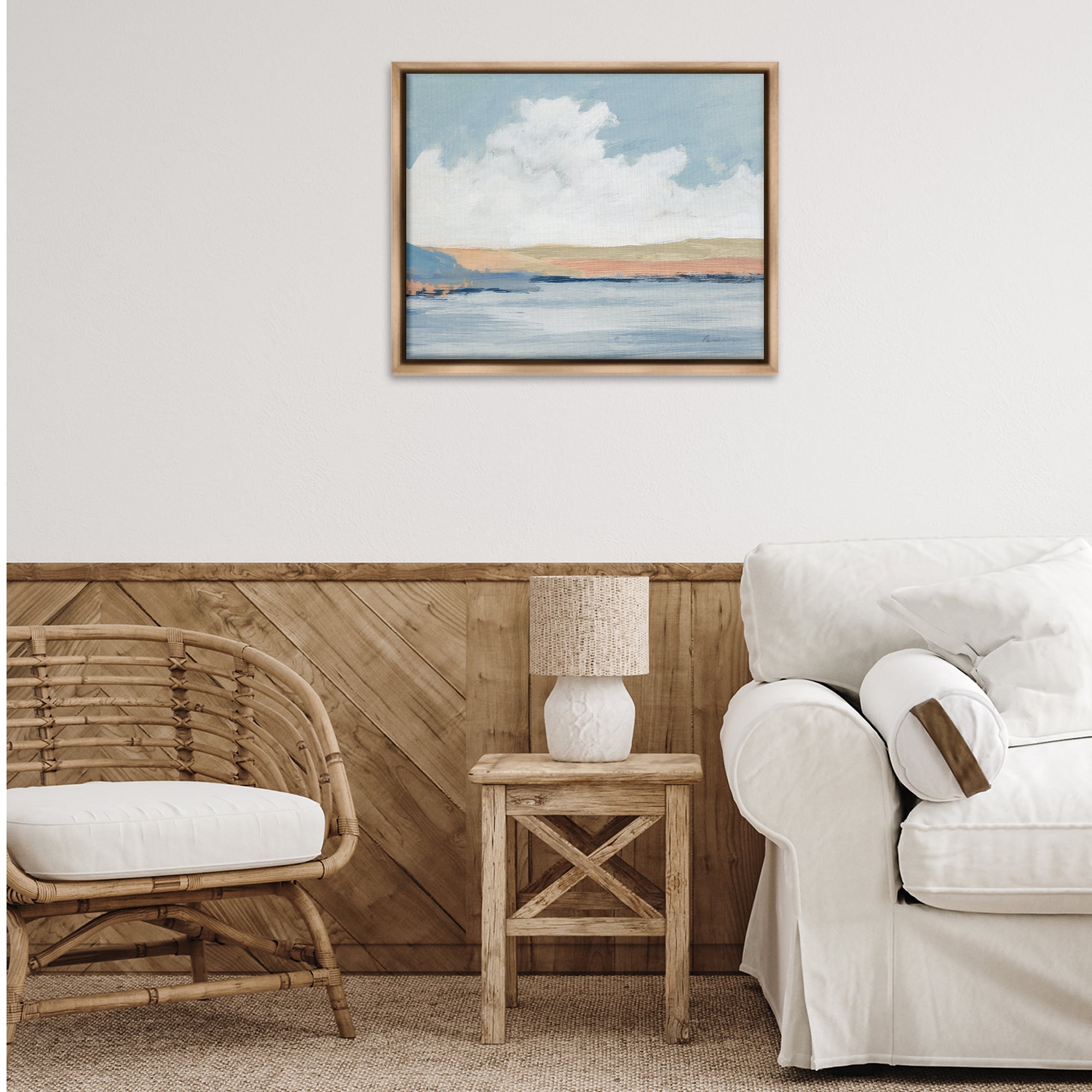 Stupell Industries Pastel River Landscape Landscape & Nature Painting Brown Floater Framed Canvas Art Print Wall Art, 31 x 25