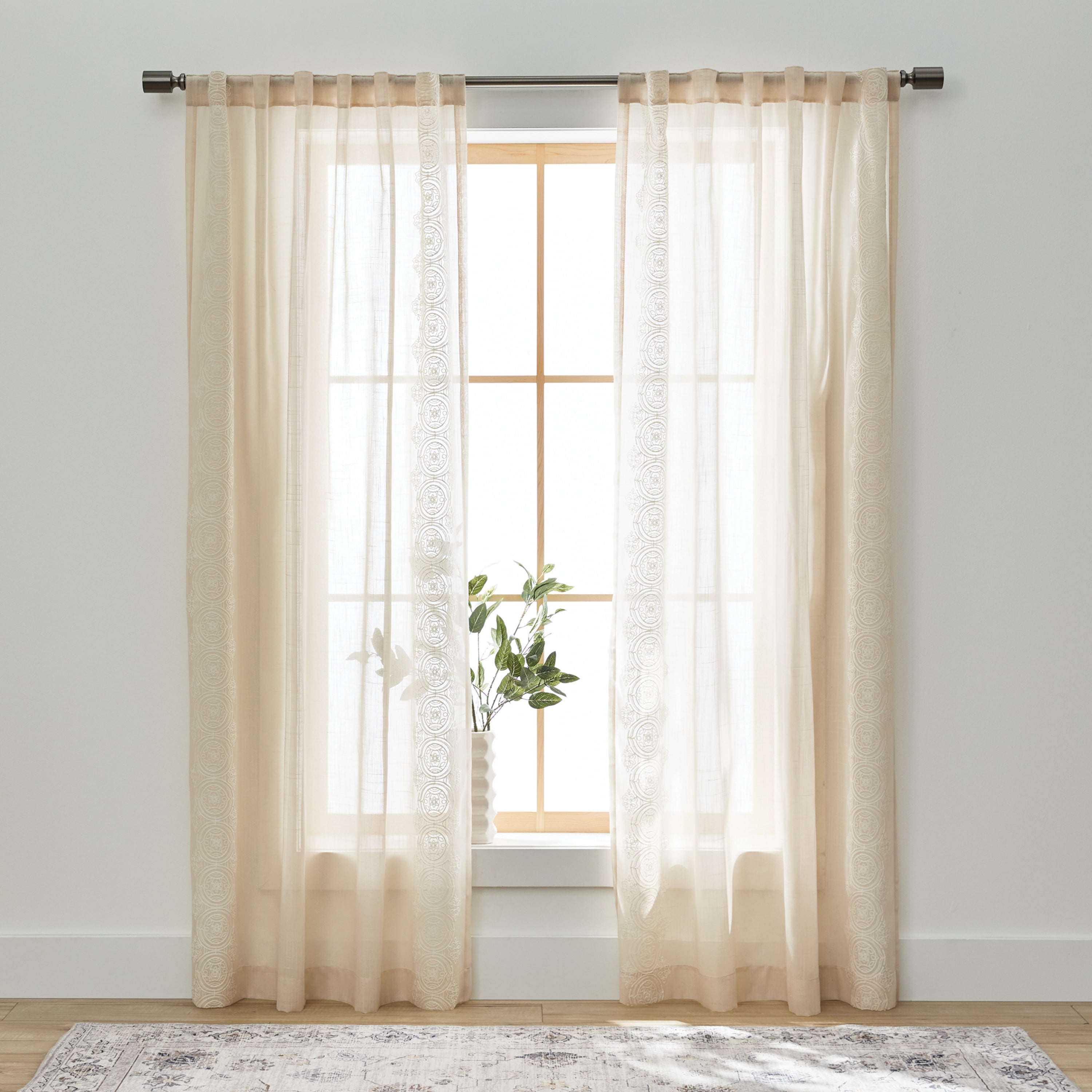 Better Homes & Gardens Embroidered Border Single Curtain Panel, Rod Pocket/Back Tab, Papyrus Beige, 50 in W x 95 in L