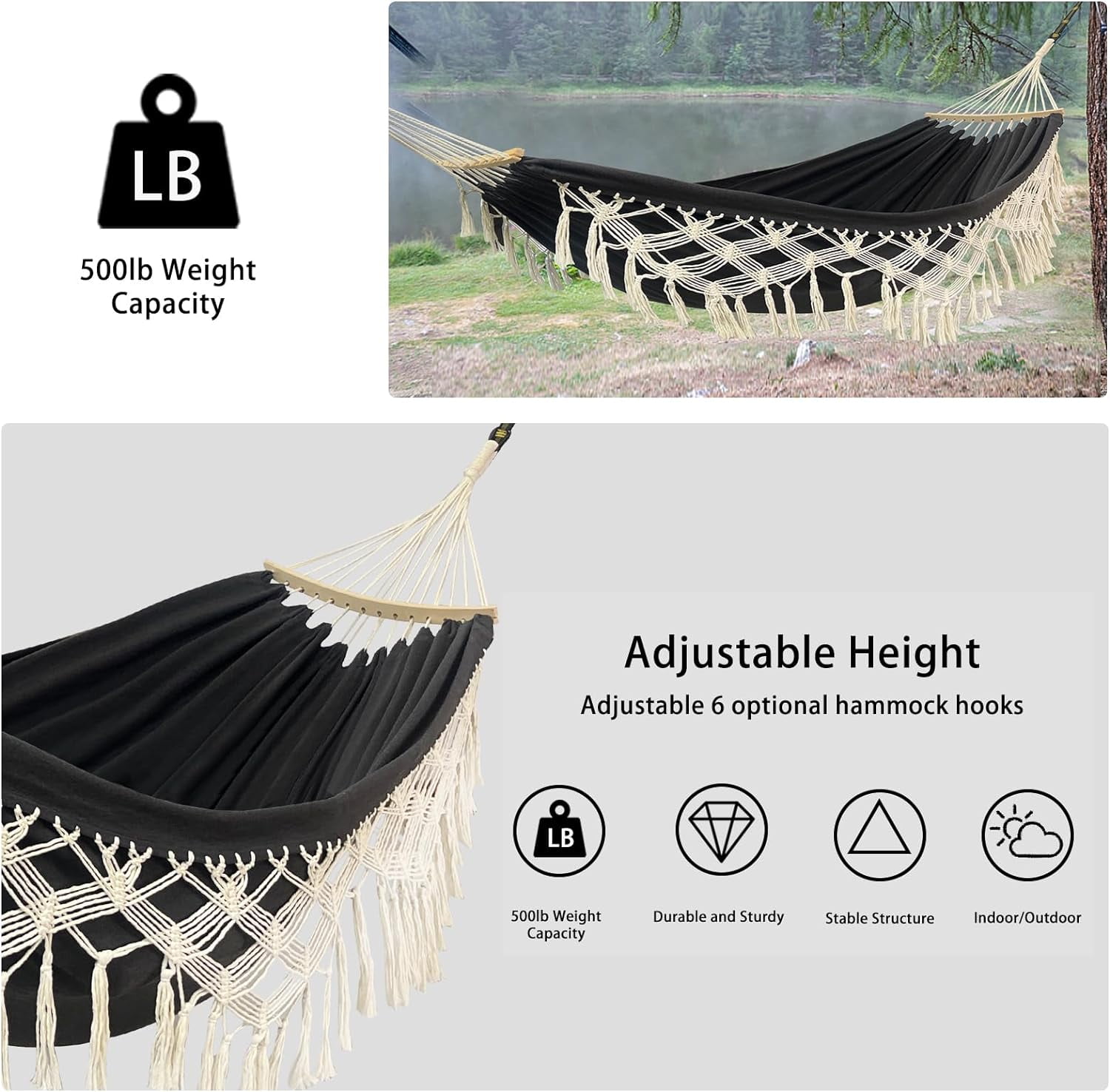 Wnngxing Macrame Fringe Double 2-Person Hanging Swing Hammock, Black