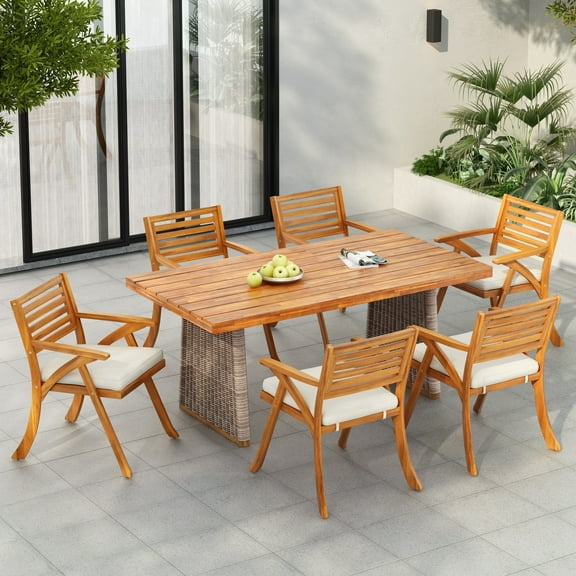 Christopher Knight Home 7-Piece Outdoor Dining Table with 6 Dining Chairs, Brown Wicker Legs, Cream Cushions