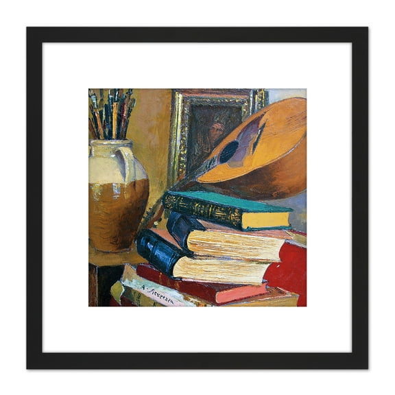Sicurezza Still Life With Books Mandolin Painting 8X8 Inch Square Wooden Framed Wall Art Print Picture with Mount