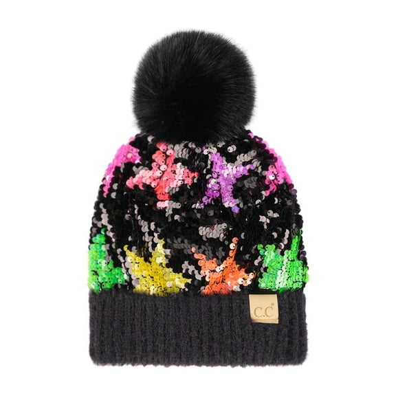 CC Kids Sequin Faux Fur Pom Beanie