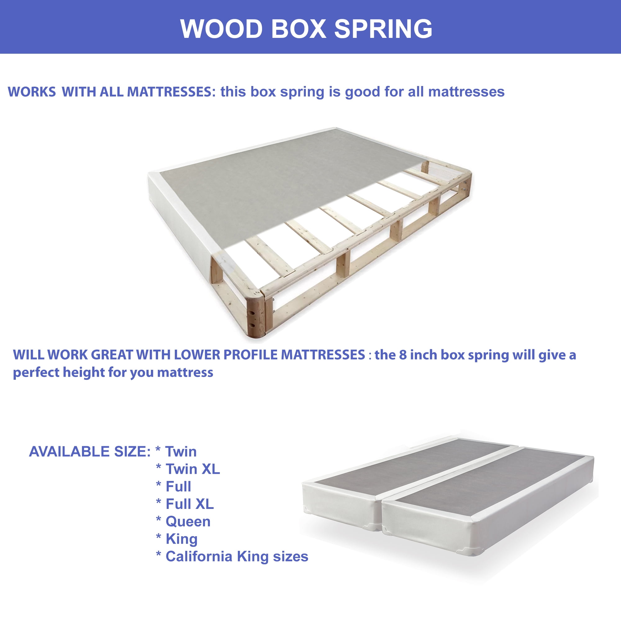 Wayton, 4" Split Sturdy Fully Assembled Wood Box Spring for Mattress, Full, White
