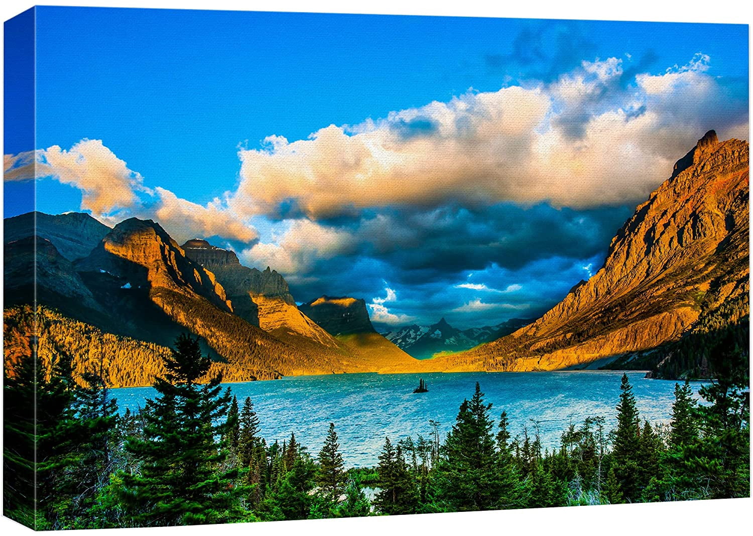 wall26 Canvas Print Wall Art Neon Sunset Mountain Forest Lake Valley ...