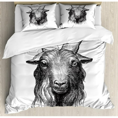 Goat Duvet Cover Set King Size, Vintage Engraved Image of Goat Head Drawing Wildlife Ruminant Mammal Concept, Decorative 3 Piece Bedding Set with 2 Pillow Shams, Black and White, by (Best Bedding For Goats)