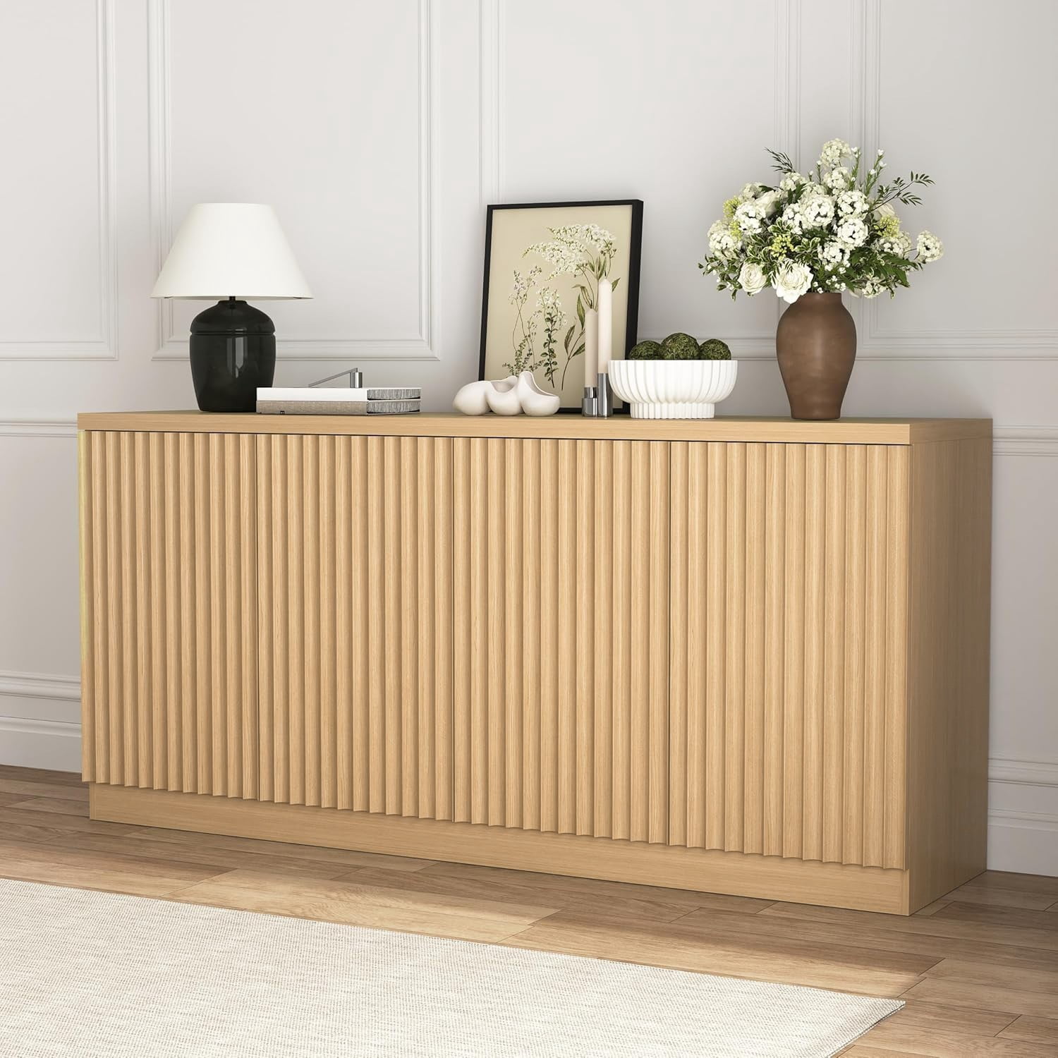62.6" Buffet Cabinet with Storage, 4 Door Sideboard Cabinet with Shelves, Wooden Coffee Bar Cabinet Credenza Console Table for Kitchen Dining Room Living Room, Natural