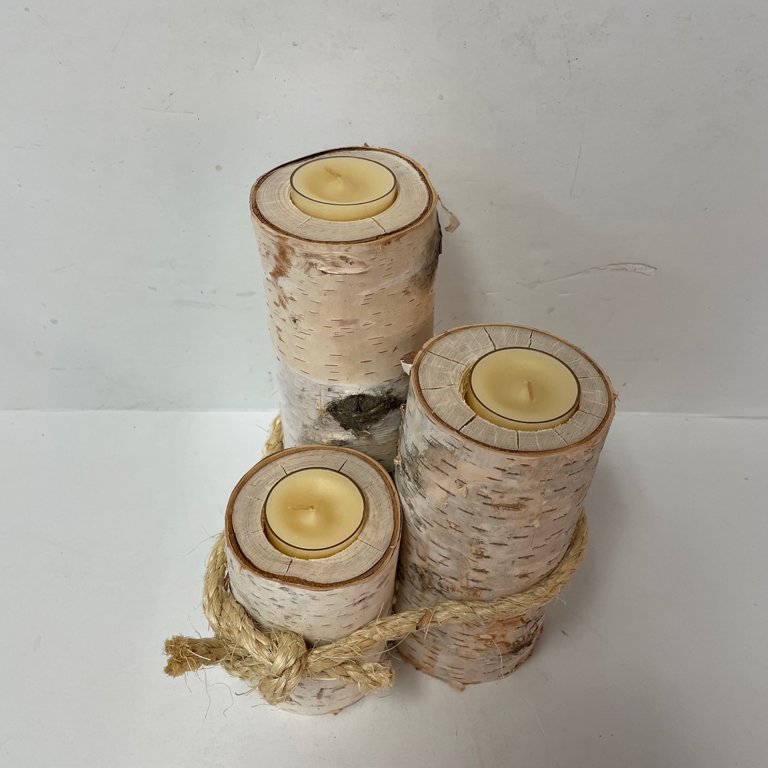 Birch Real Wood Log Decorative Candle Holder Trio With Tea Lights