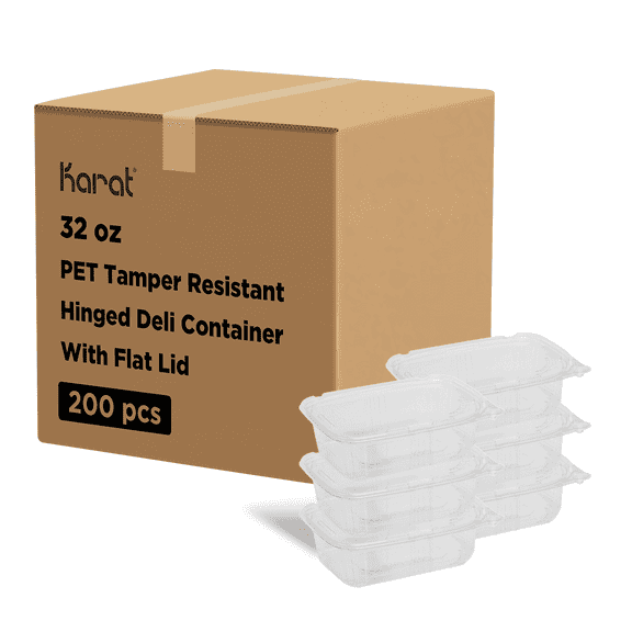 Karat 32oz PET Plastic Tamper Resistant Hinged Deli Container with Lid - 200ct