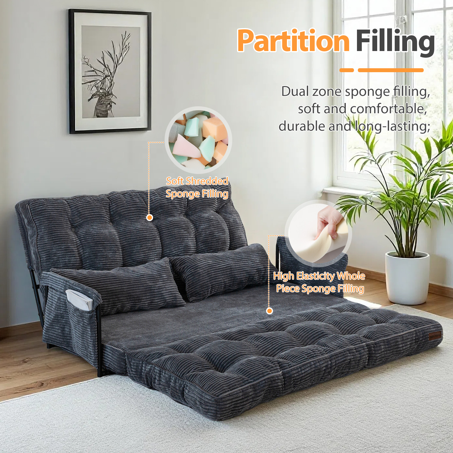 GOODONE Convertible Floor Sofa,Bean Bag Sofa with Pillows,Multifunctional Lazy Sofa with Pillows,Adult Reading Chair,Suitable for Bedroom or Living Room,DGrey,Loveseat