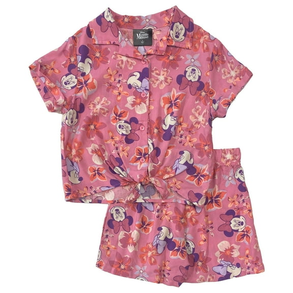 Disney Girls Minnie Mouse Hawaiin Pink Outfit Front Knot Top & Shorts Set 5/6