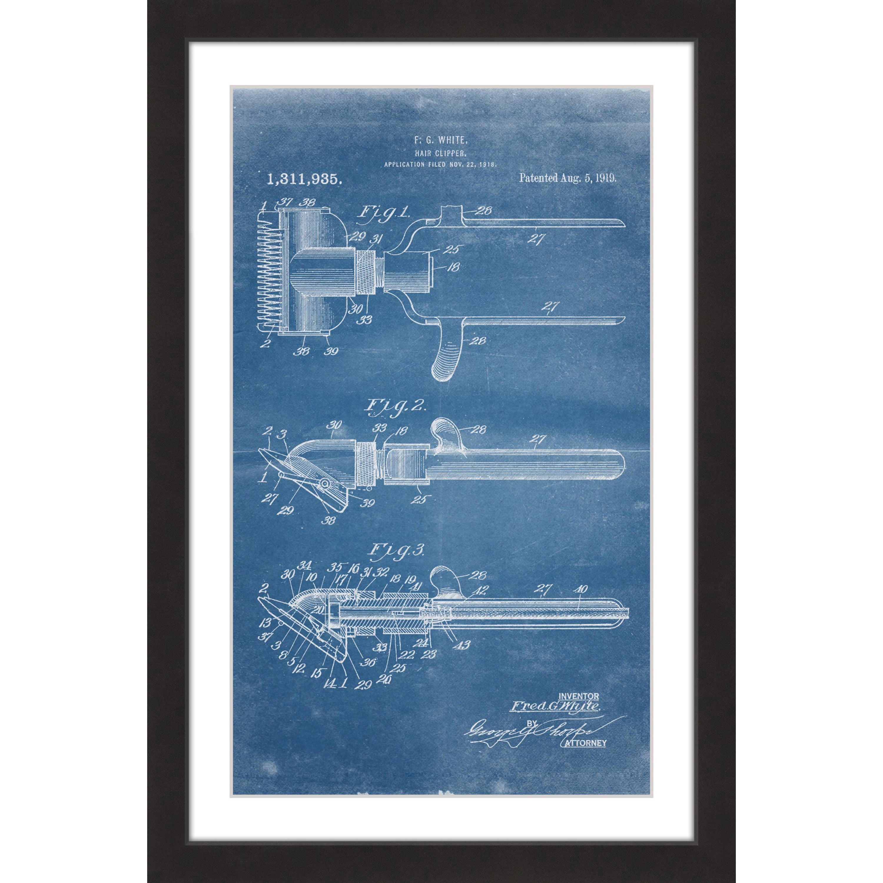 Marmont Hill - "Hair Clipper 1919 Blueprint" by Steve King Framed Painting Print