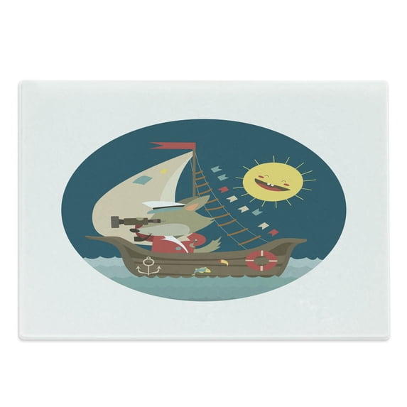 Cartoon Cutting Board, Wolf Captain Sailing into the Ocean Nautical Themed with Laughing Sun, Decorative Tempered Glass Cutting and Serving Board, Large Size, Multicolor, by Ambesonne