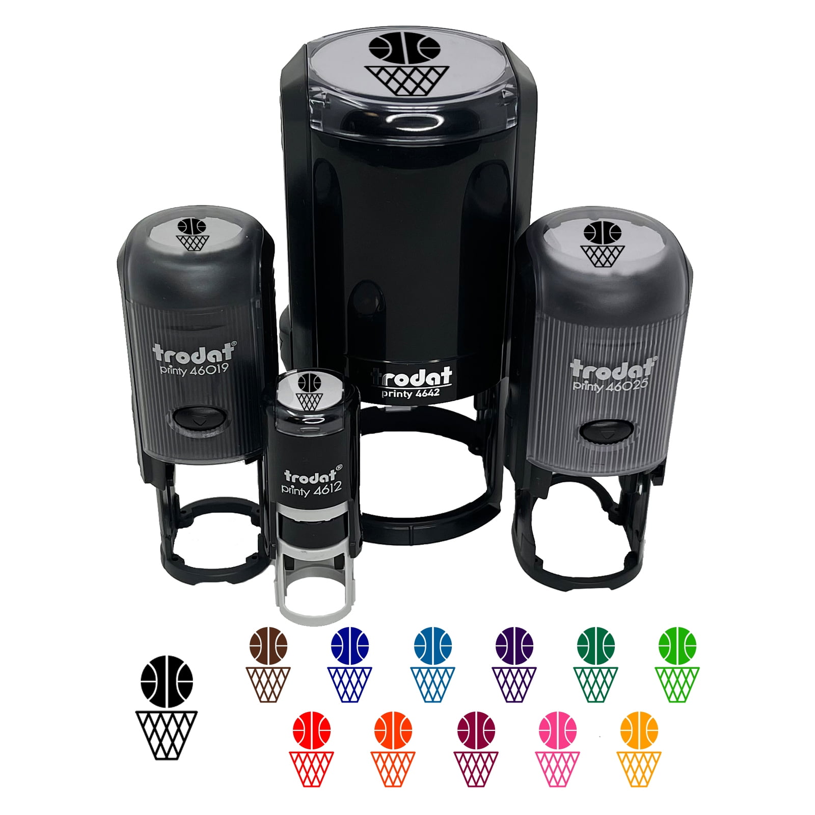 Basketball and Hoop Self-Inking Rubber Stamp Ink Stamper - Brown Ink - Mini 1/2 Inch