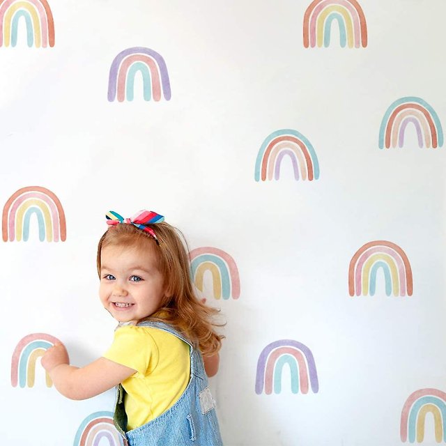 Pegatinas de pared de arco iris compatibles con decoración de habitación para niños, papel tapiz de pelar y palillo, pegatinas de pared de arco iris, mural de vinilo 36 piezas Afortunado Sencillez