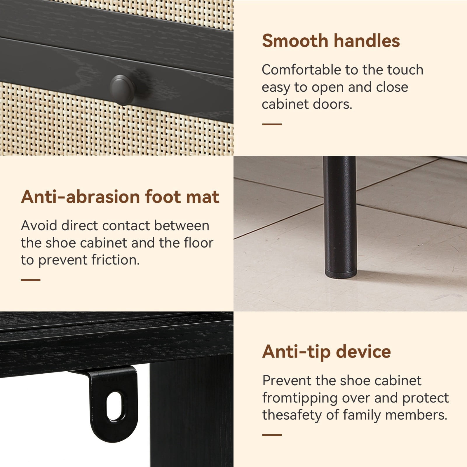 Rattan Shoe Cabinet with 2 Flip Drawers, Narrow Wooden Shoe Storage Organizer for Entryway Hallway, Black