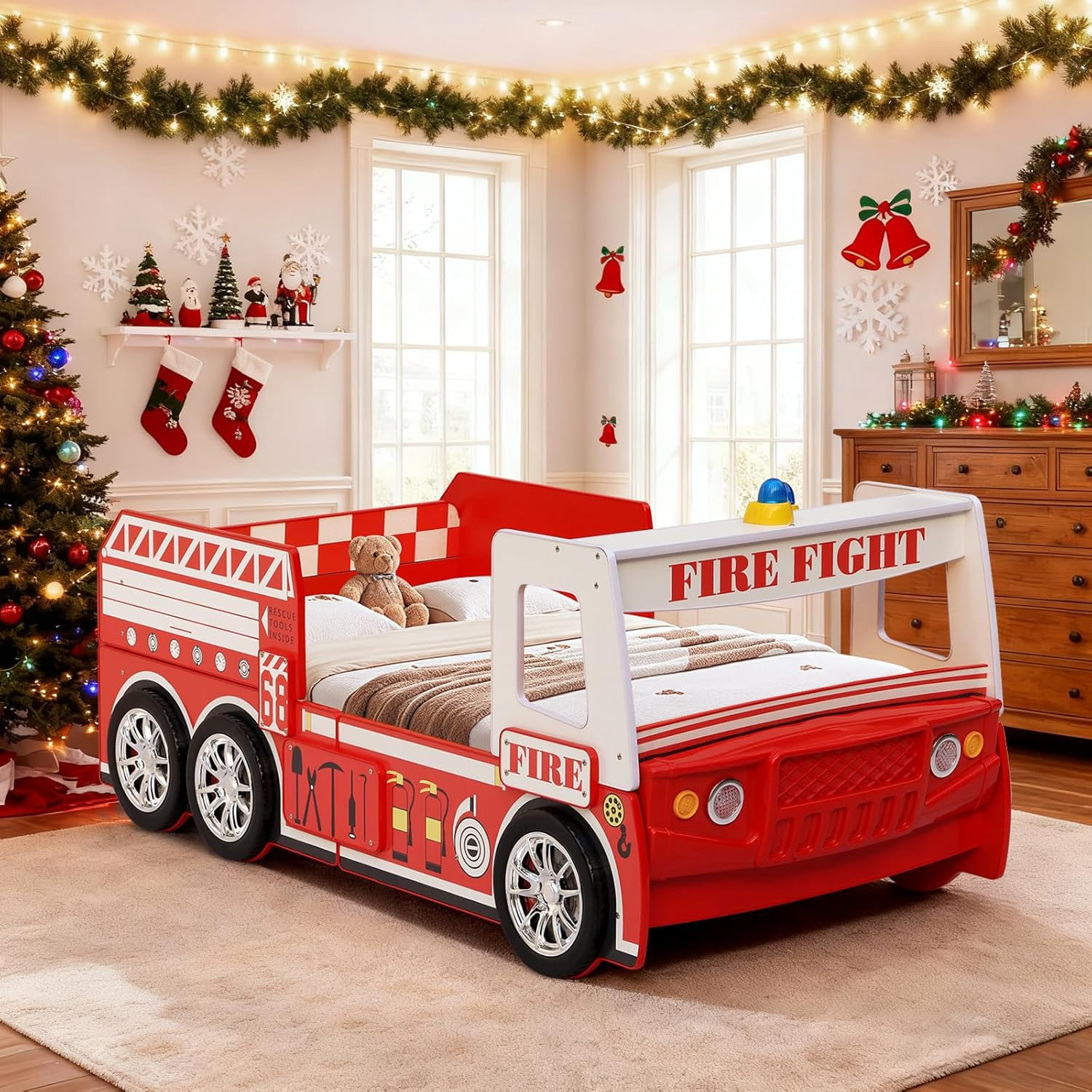 WAWOKV Twin Size Car Bed for Kids, Fire Truck-Shaped Wooden Platform Bed Frame with LED Lights, Headboard Wheels and Support Slats for Boys Toddlers Child's Bedroom (Red)