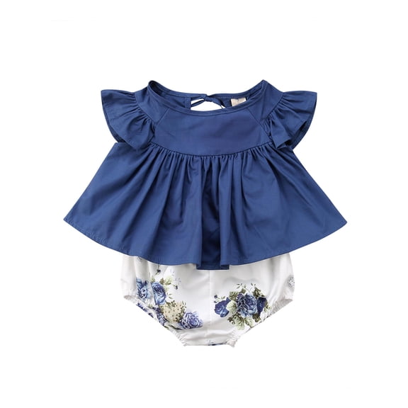 Licupiee Newborn Baby Girl Floral Ruffle Sleeveless Denim Dress   Floral Short Pants Outfits Summer Clothes Set 2Pcs