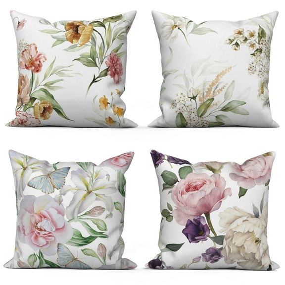 PBOBRIICH Summer Floral Throw Pillow Covers Set of 4,Pink Flower Linen Pillowcase for Living Room Bedroom Decor,18x18 Inch