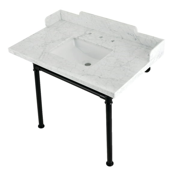 Kingston Brass LMS3622M8SQ0ST Wesselman 36" Carrara Marble Console Sink with Stainless Steel Legs (8-Inch, 3-Hole), Carrara Marble White/Matte Black