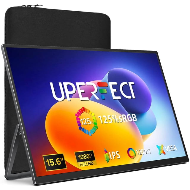 UPERFECT Moniteur Portable 15,6 Pouces, Moniteur d'Ordinateur Portable Ultra Mince 125 % sRGB avec Étui de Protection, Support / Haut-Parleur à Réglage Intégré