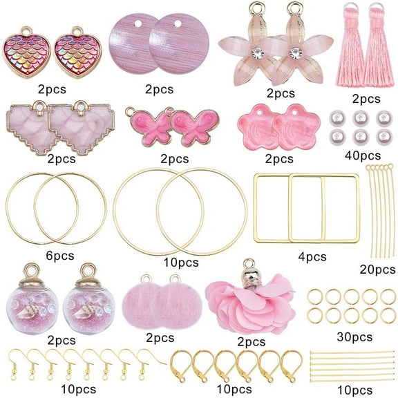 1box Pink style Earring Making Kits with Freshwater Shell & Alloy & Resin & Cloth & Nylon Tassels & Glass Globe Pendants Brass Earring Findings Golden