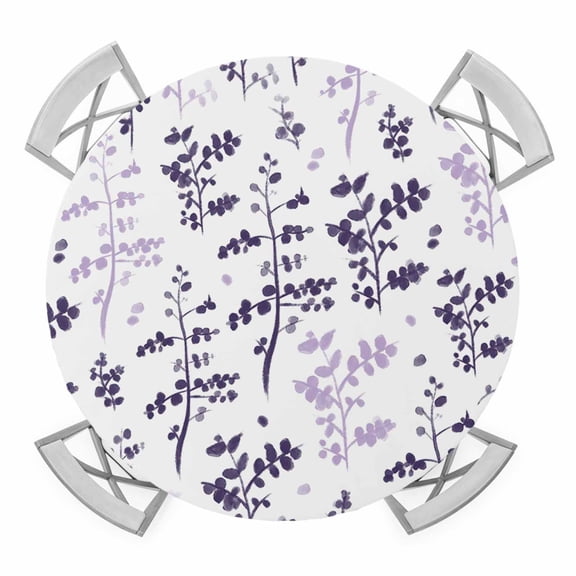 Elastic Fitted Round Tablecloth, Purple Grey Botanical Waterproof Stretch Table Cover for 55"-60" Tables, Watercolor Spring Floral Summer Leaf Washable Outdoor Tablecloths for Patio, Picnic, Camping