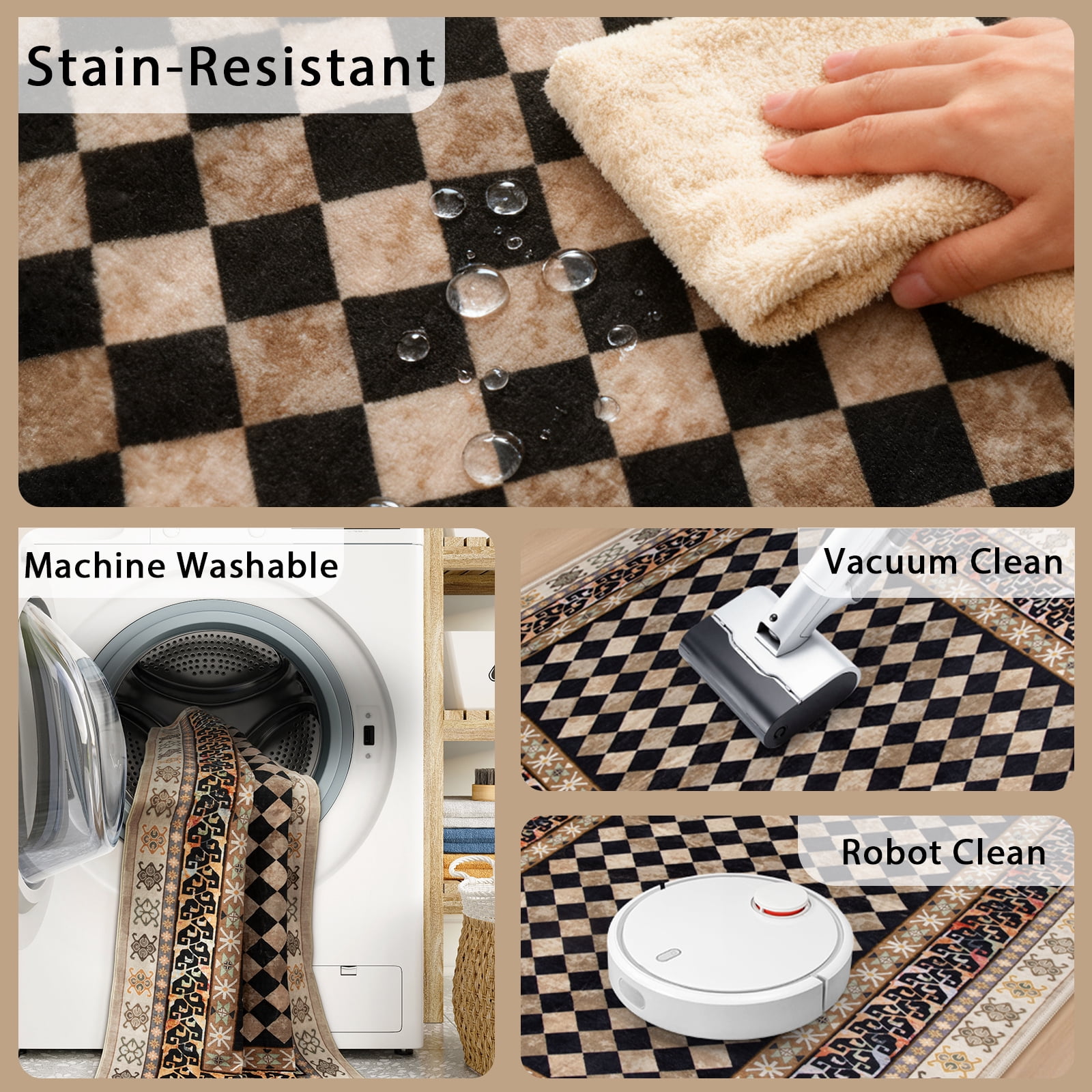 RUG ROBOT 5'x7' Area Rugs for Living Room, Non-Slip Washable Checkered Rug for Bedroom, Indoor Soft Vintage Diamond Carpet for Dining Room Home Decor, Black