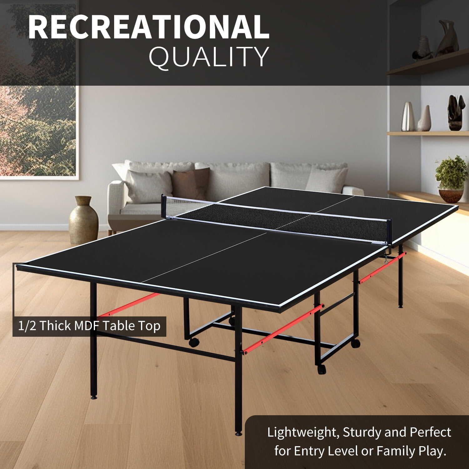 Table Tennis Table 9ft Mid-Size Table Tennis Table Foldable & Portable Ping Pong Table Set for Indoor Games with Net, 2 Table Tennis Paddles and 3 Balls,Indoor Ping Pong Table