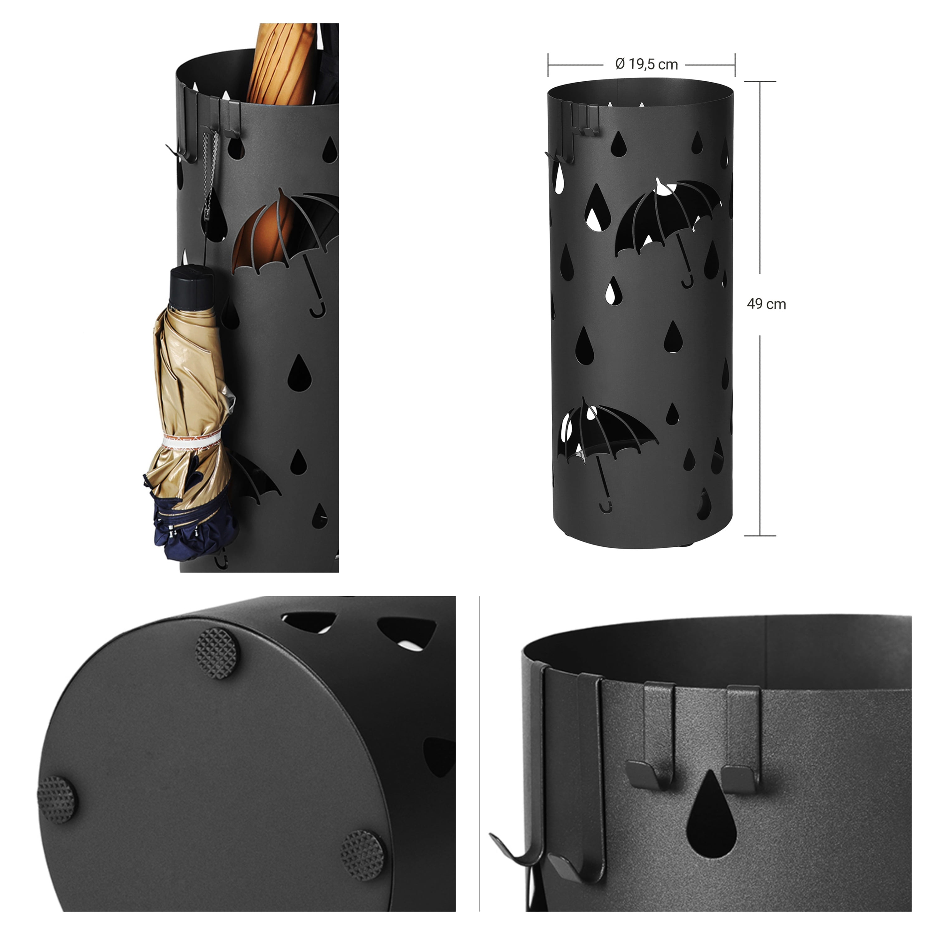 LEDREM Freestanding Umbrella Stand with Detachable Drip Tray , 4-Hook Metal Holder for Entryway Storage , 19.3 Inch ,Ink Black
