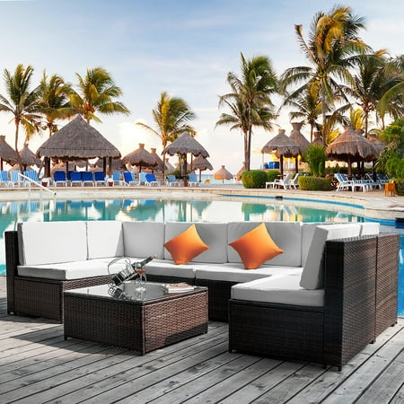 Outdoor Patio Furniture Charleston Sc Musetech 7-Piece Modular Outdoor Patio Rattan Wicker Sectional Conversation Sofa Set w/ 6 Chairs, Coffee Table, Assembly Required - Brown ()