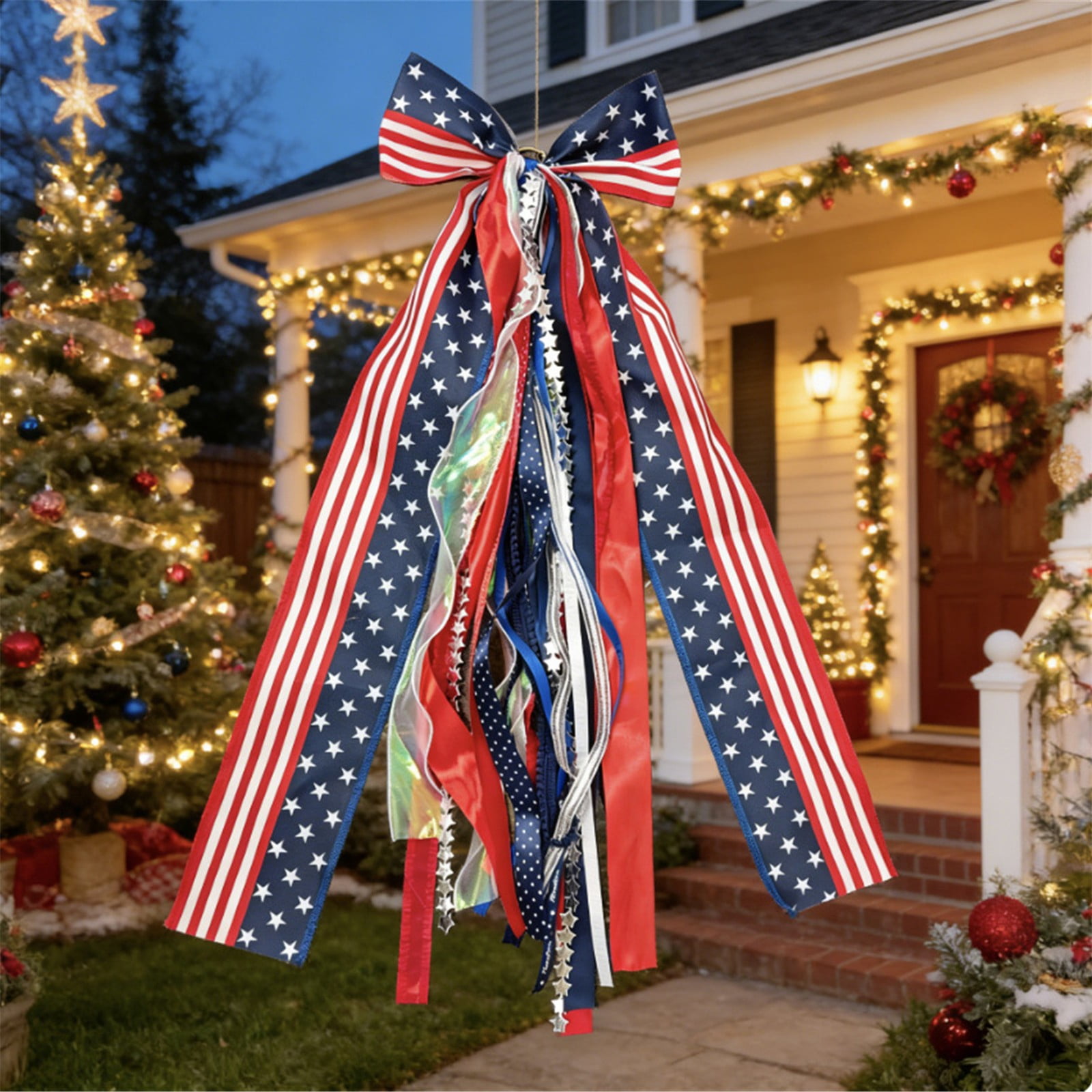 Large 4th of July Wreath Bow 24 Inch Patriotic Ribbon Bow Red White Blue Tree Topper Memorial Day Independence Day Decor for Front Door Indoor Outdoor Home
