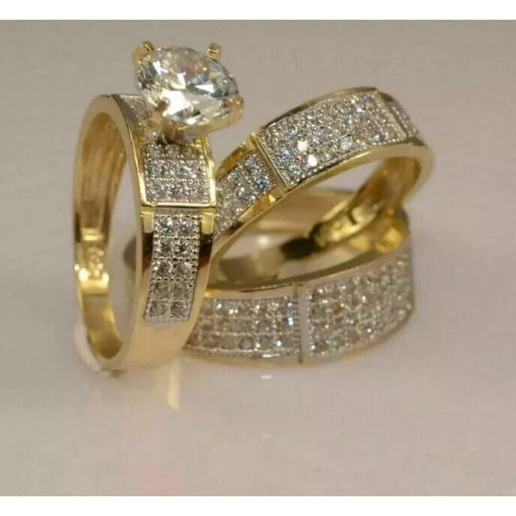 His Her Bridal Wedding Band Ring Set with Natural Moissanite Trio in 14K Gold Plated Yellow – Yash Jewels