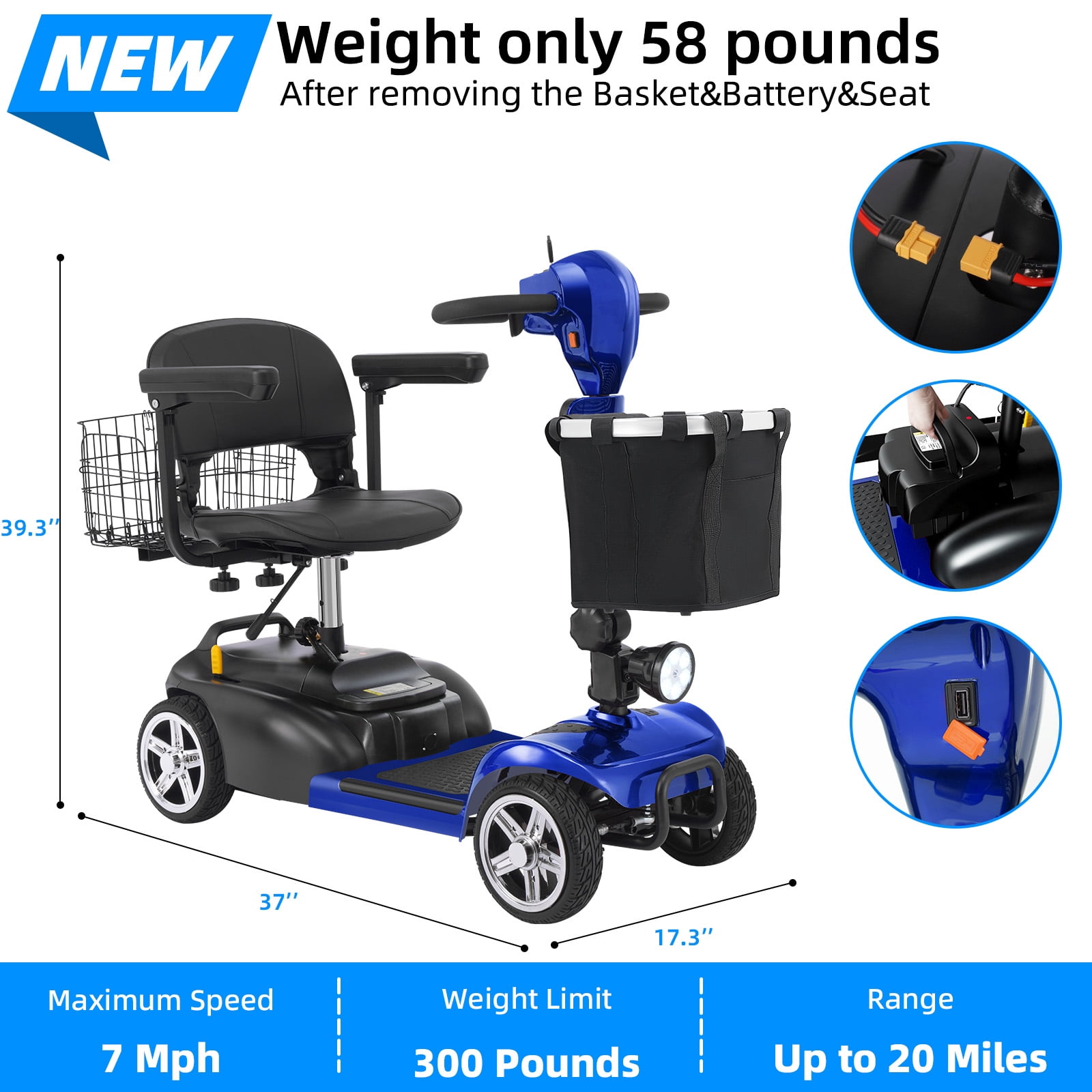 Mbxcooter 15/30 Miles Mobility Scooter,4-Wheel Mobility Scooter for Adults,Seniors,350W Electric Powered Wheelchair Device,Compact Duty Mobile for Travel with Dual Baskets, Rotating Seat