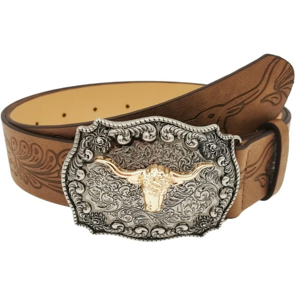 Jiibva Cowboy Buckle Belt Vintage Western Printed Belt Western Leather Bull Head Buckle Belt Engraved Floral Bull Belt for Men Women