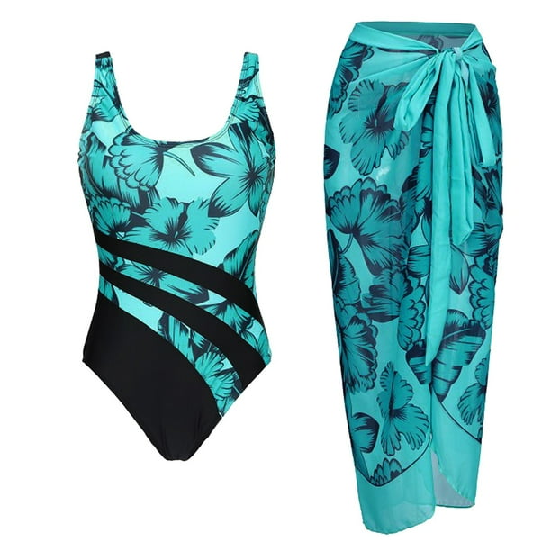 Gibobby Trajes de Baño Mujer Completos Conjunto de traje de baño de falda de playa con estampado retro para mujer(Azul celeste,M)