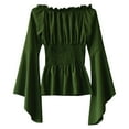 thumbnail image 2 of LoyisViDion Womans Shirts Clearance Women Retro Vintage Slash Neck Solid Flare Sleeve Shirt Casual Loose Tops Blouse Green L, 2 of 2