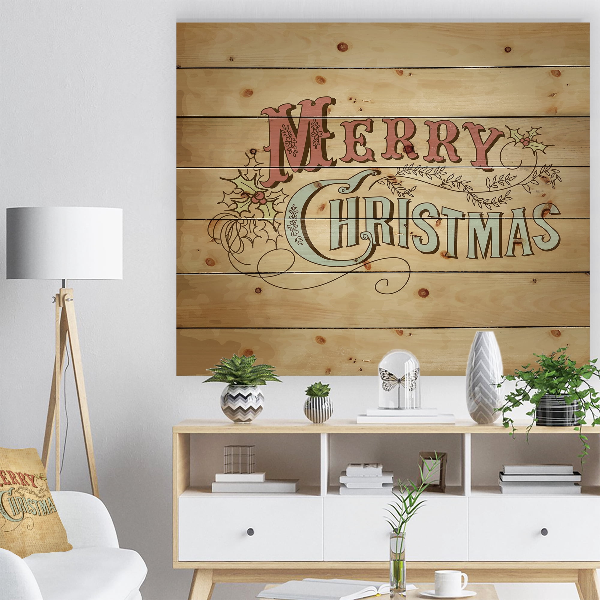 Designart 'Merry Christmas Vintage Wish in Western Font' Print on Natural Pine Wood