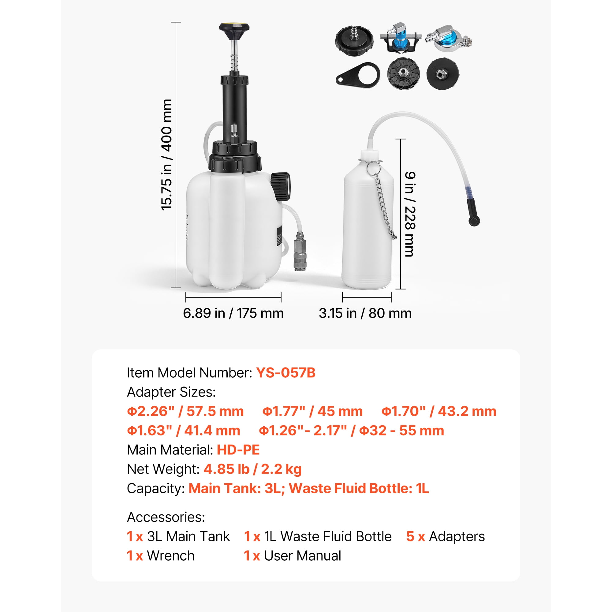 KFFKFF 3L Manual Brake Bleeder Kit with 1L Waste Bottle & 5 Cylinder Adapters, Single-Person Brake Fluid Pressure Bleeder for Various Vehicles